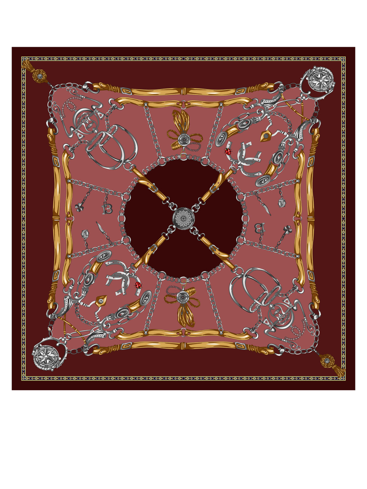 Burgundy scarf 90x90cm in GOOD LUCK printed silk