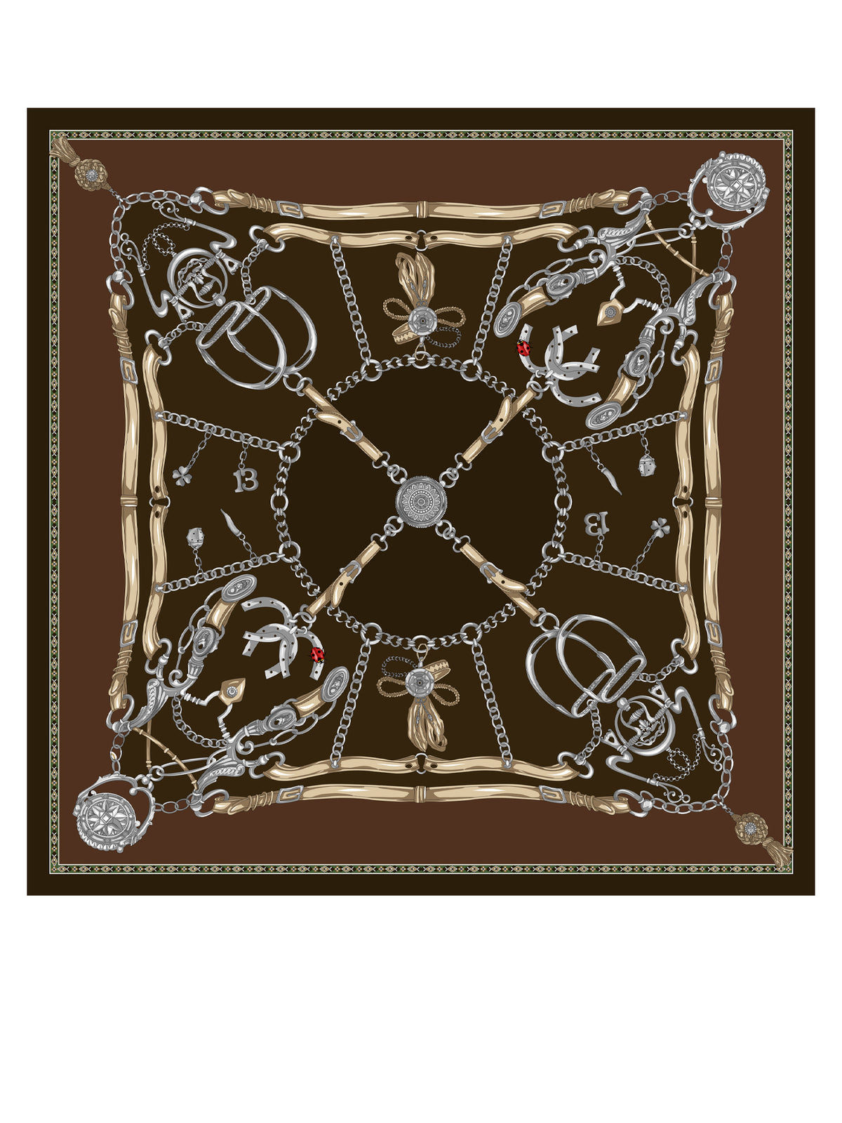 Brown scarf 90x90cm in GOOD LUCK printed silk