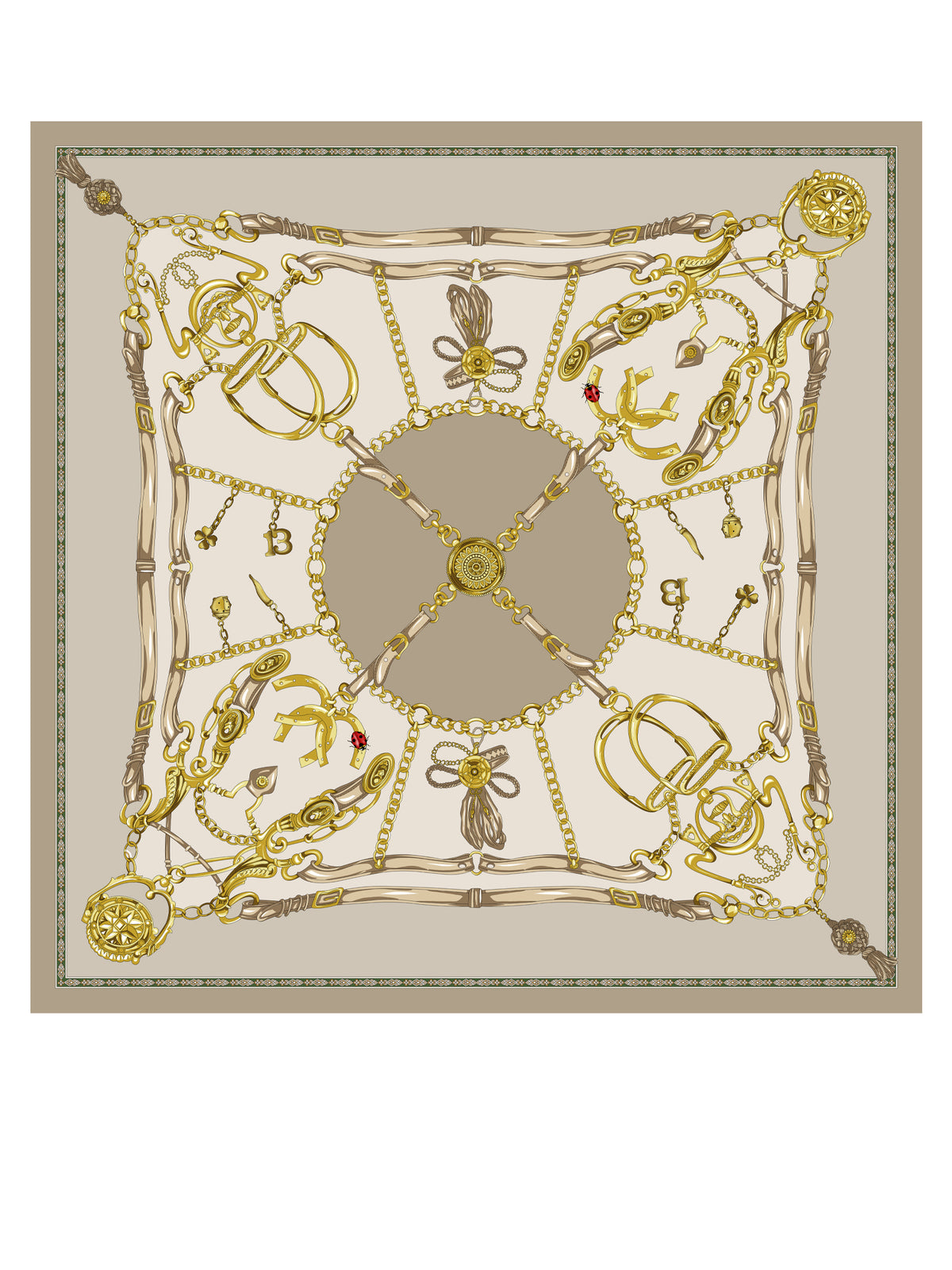 Foulard beige 90x90cm in seta stampata GOOD LUCK