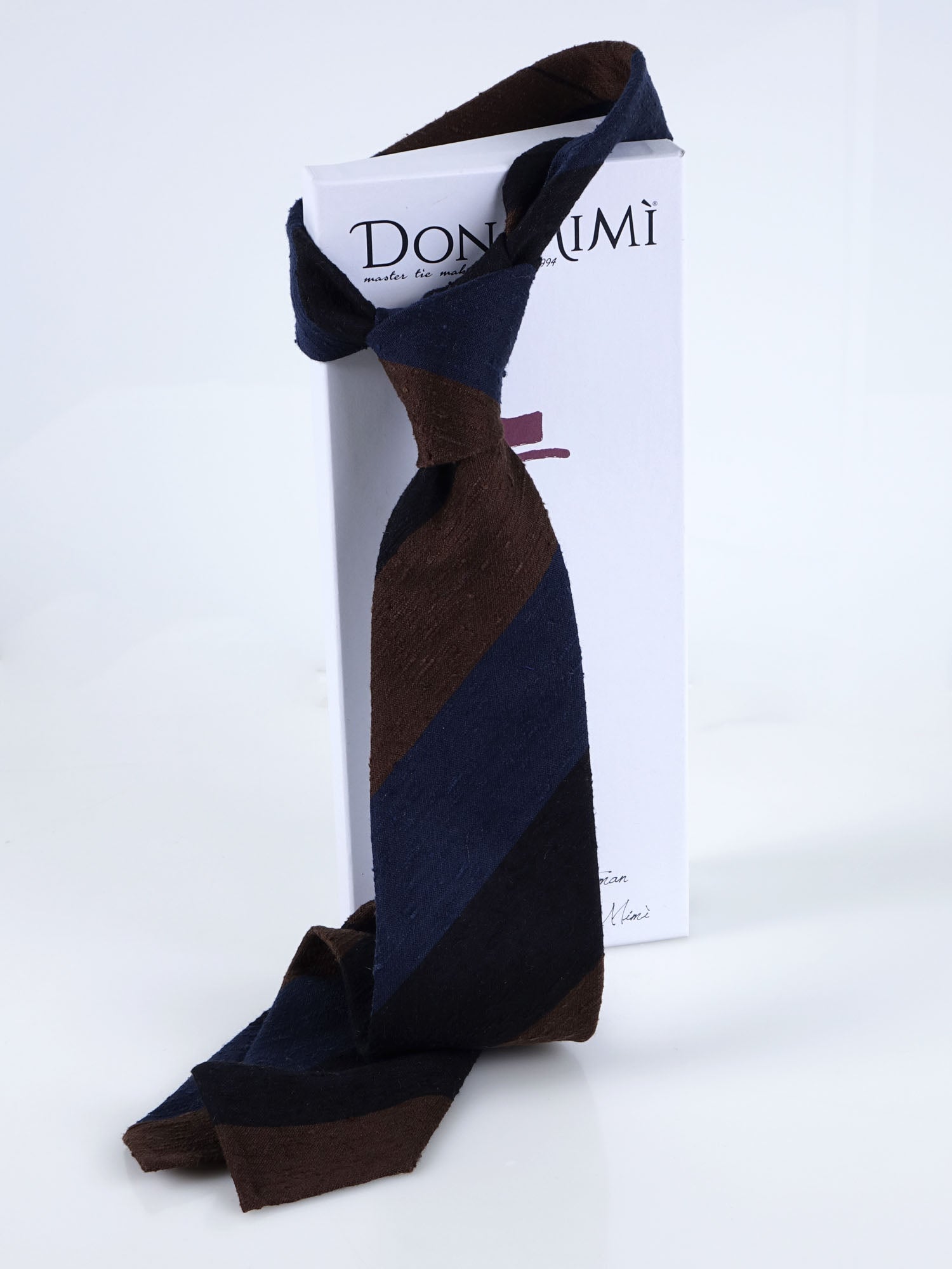 TRIGA 3-fold unlined tie in blue/brown shantung silk 