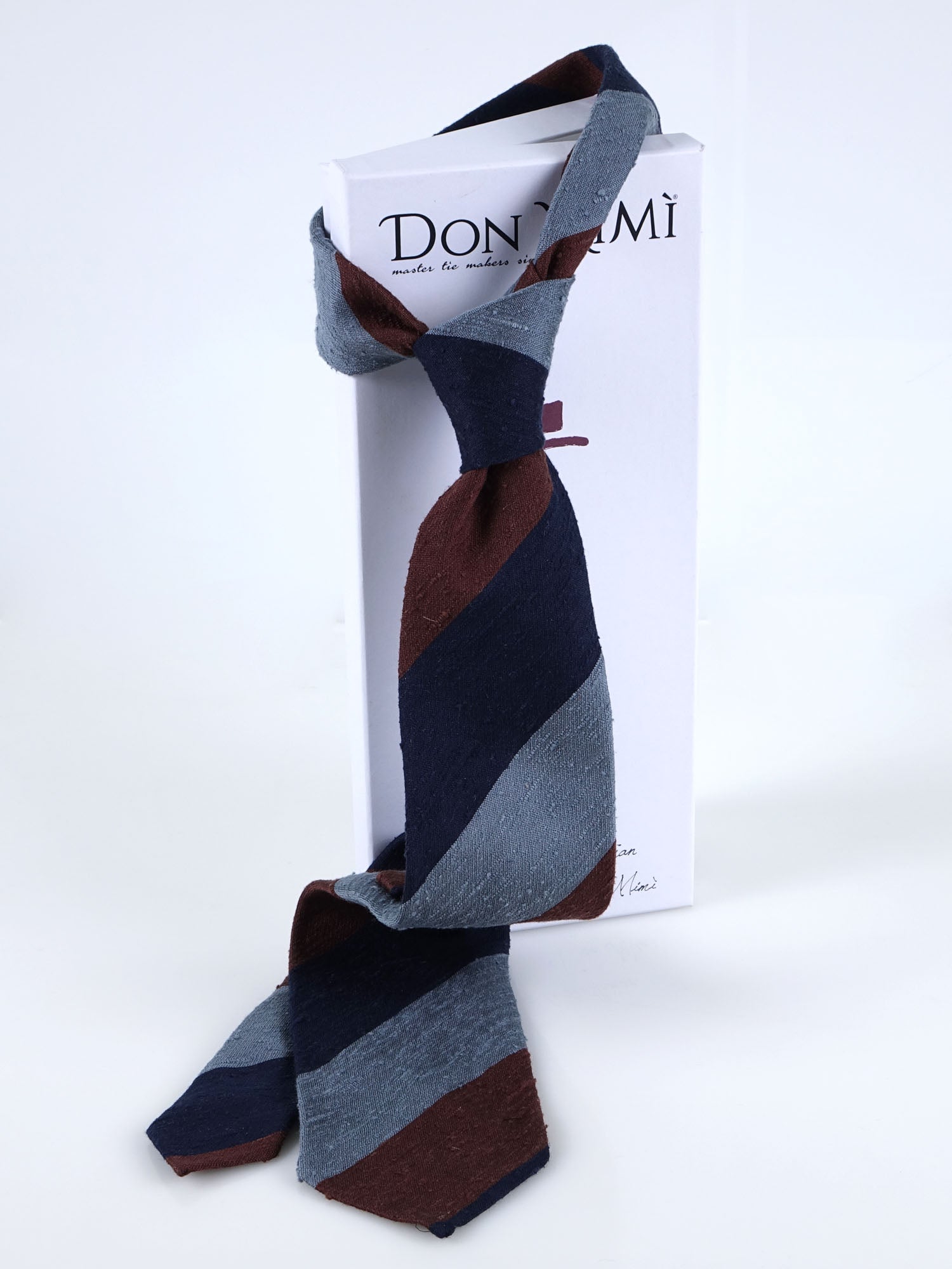 TRIGA 3-fold unlined tie in blue/brown shantung silk 