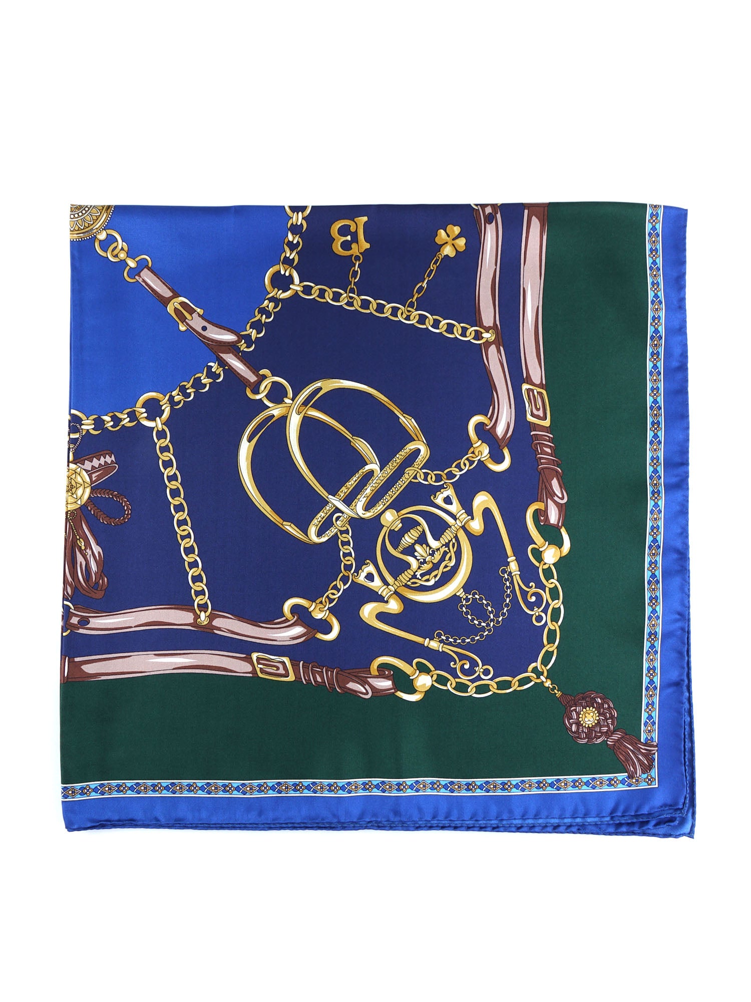 Blue/green scarf 90x90cm in GOOD LUCK printed silk