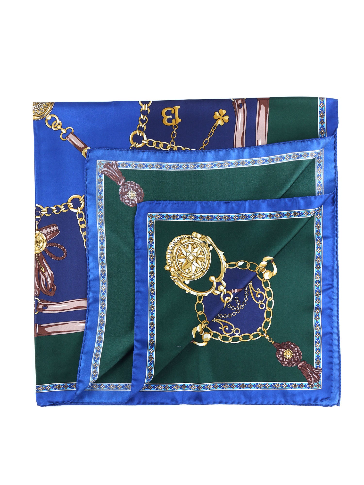 Blue/green scarf 90x90cm in GOOD LUCK printed silk