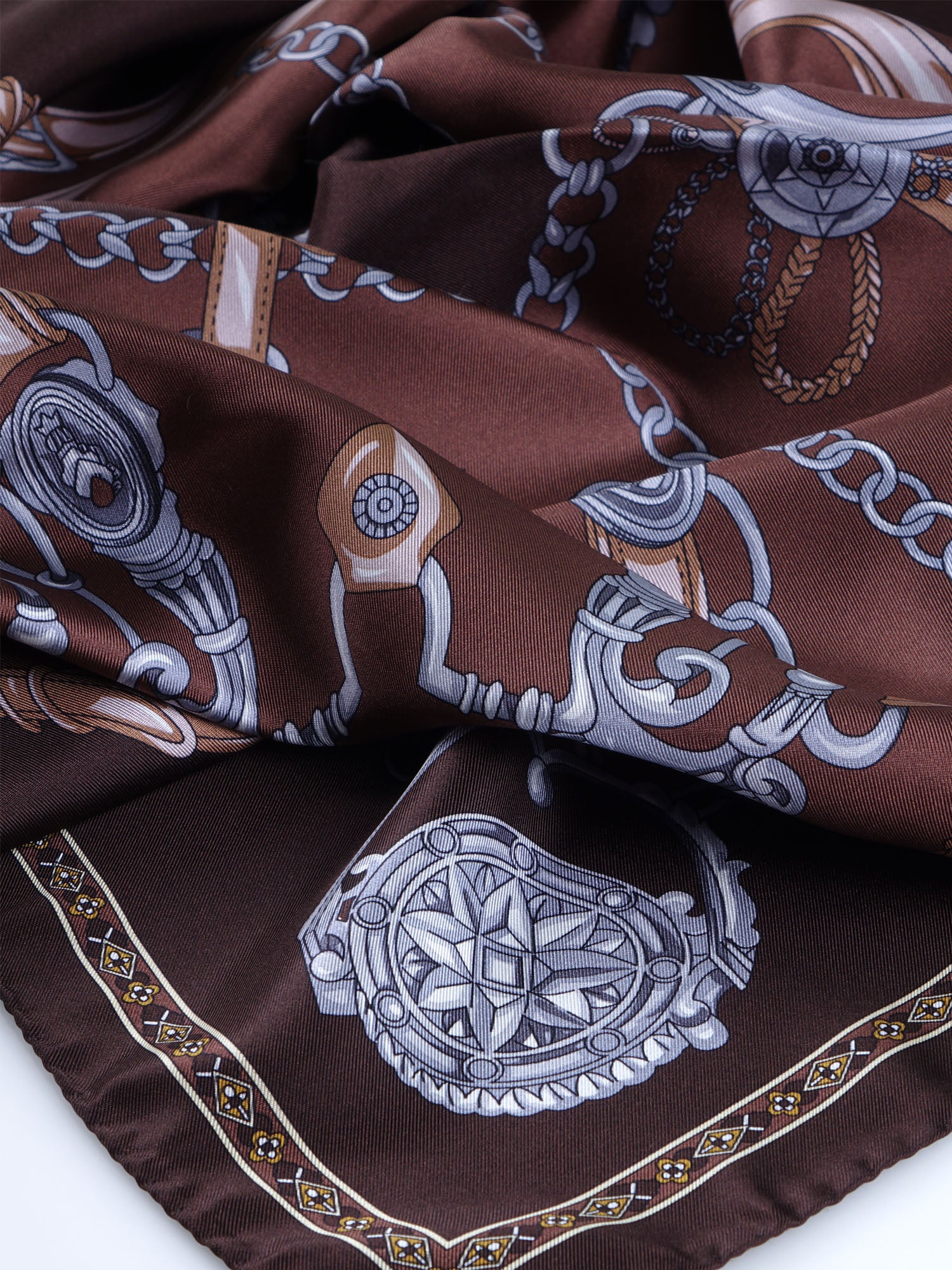 Brown scarf 90x90cm in GOOD LUCK printed silk