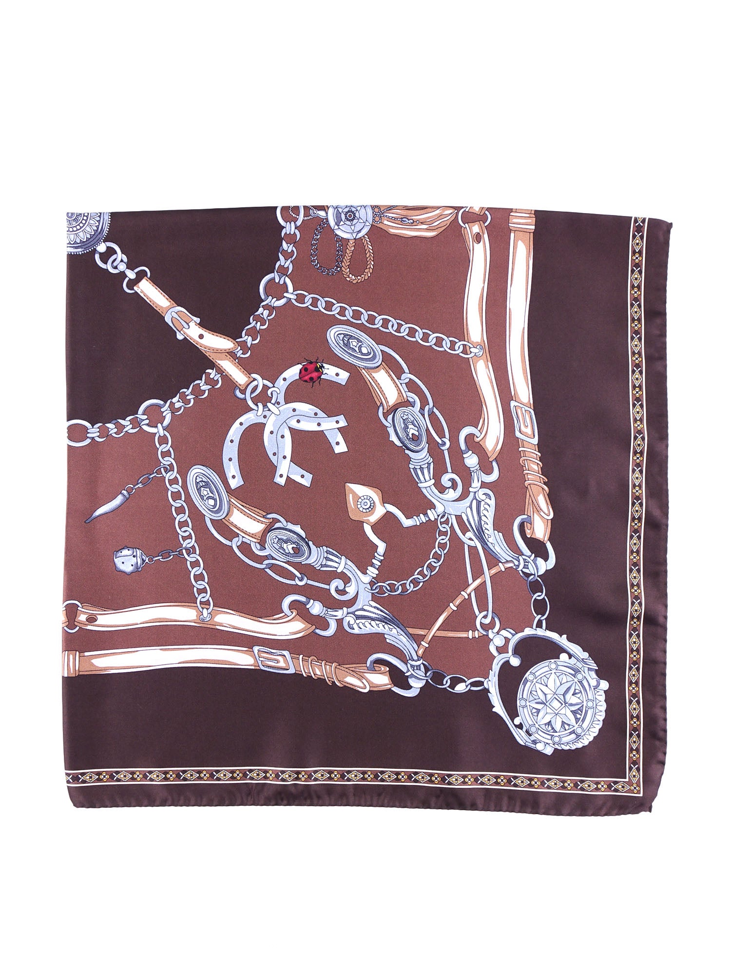 Brown scarf 90x90cm in GOOD LUCK printed silk