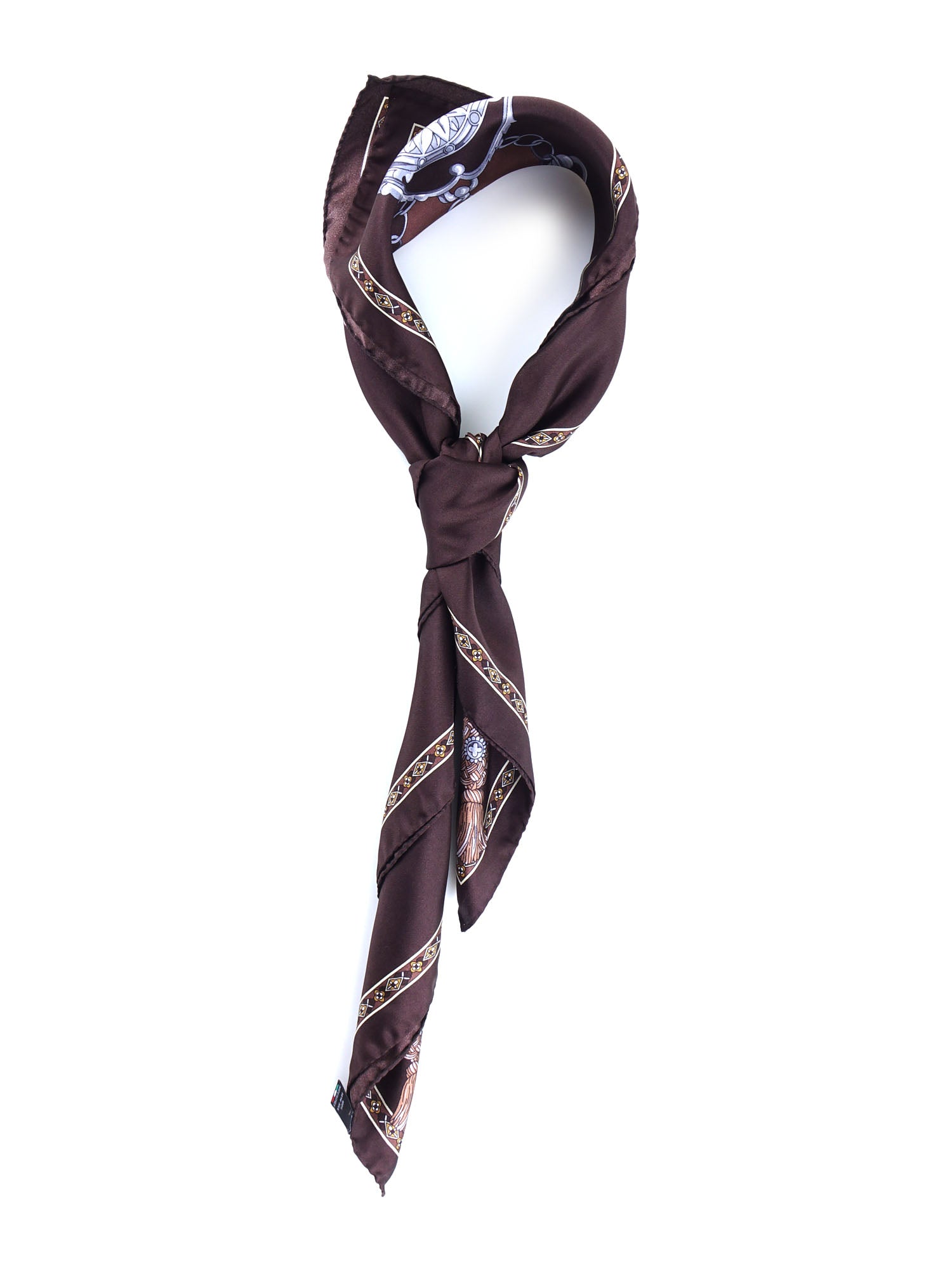 Brown scarf 90x90cm in GOOD LUCK printed silk