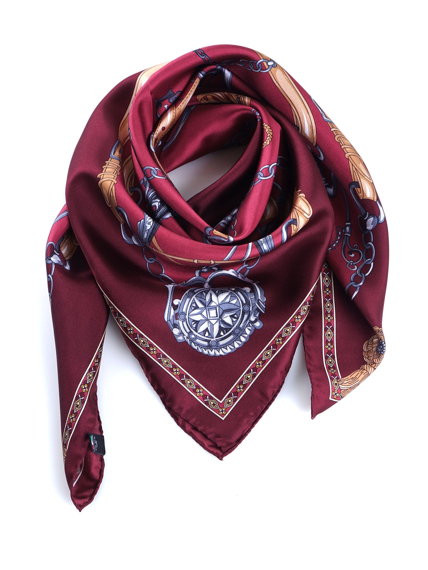 Burgundy scarf 90x90cm in GOOD LUCK printed silk