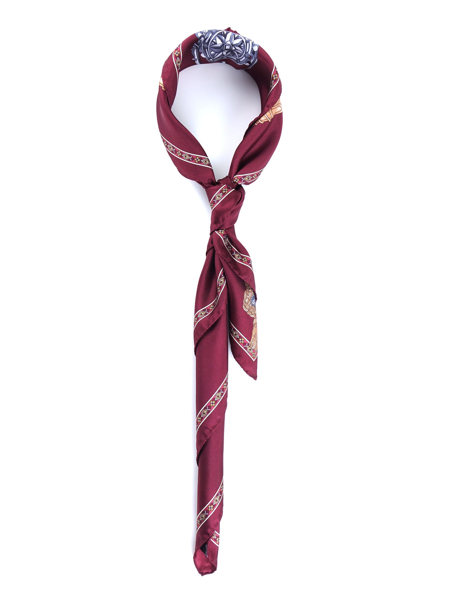 Burgundy scarf 90x90cm in GOOD LUCK printed silk