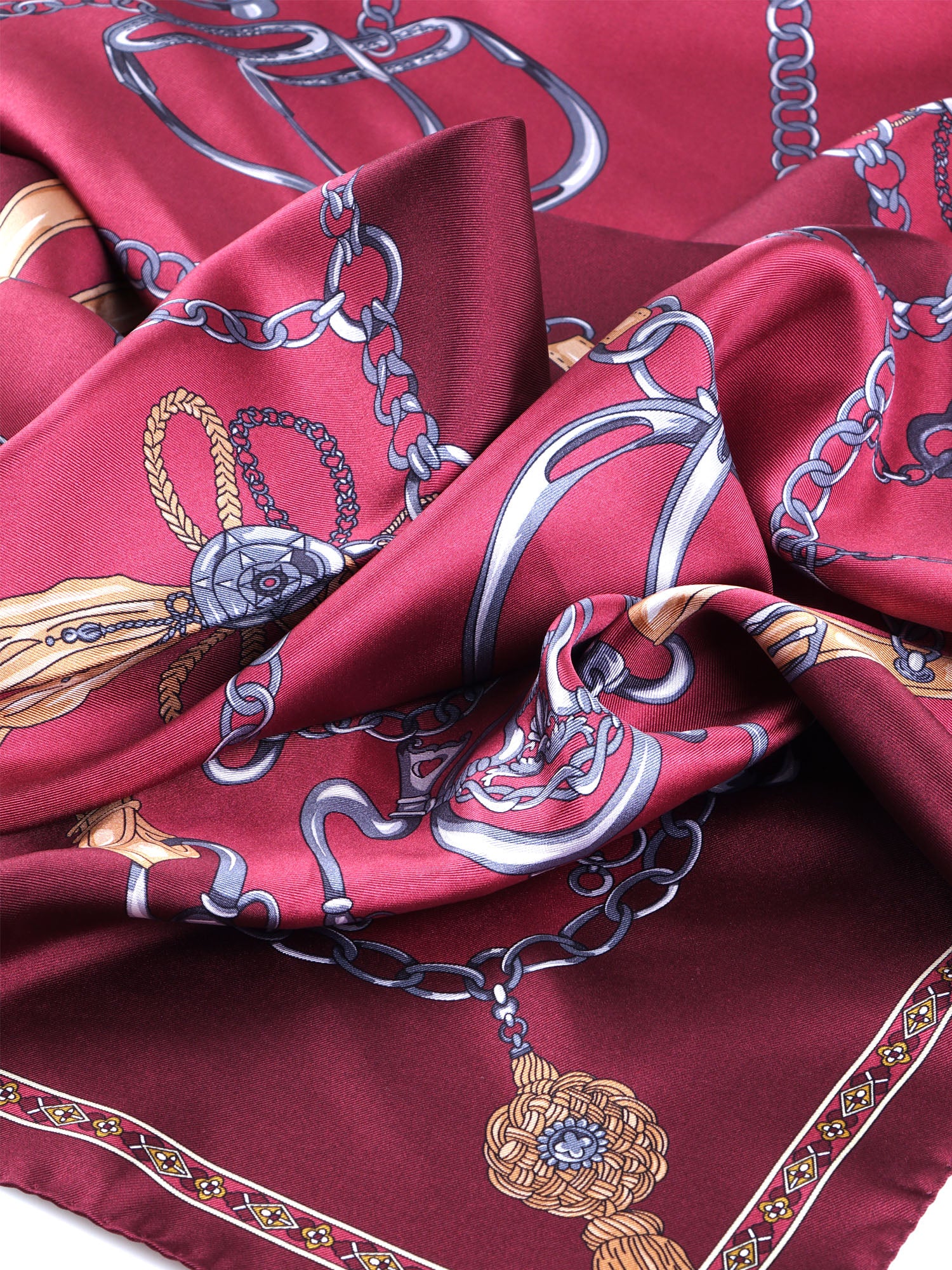 Burgundy scarf 90x90cm in GOOD LUCK printed silk