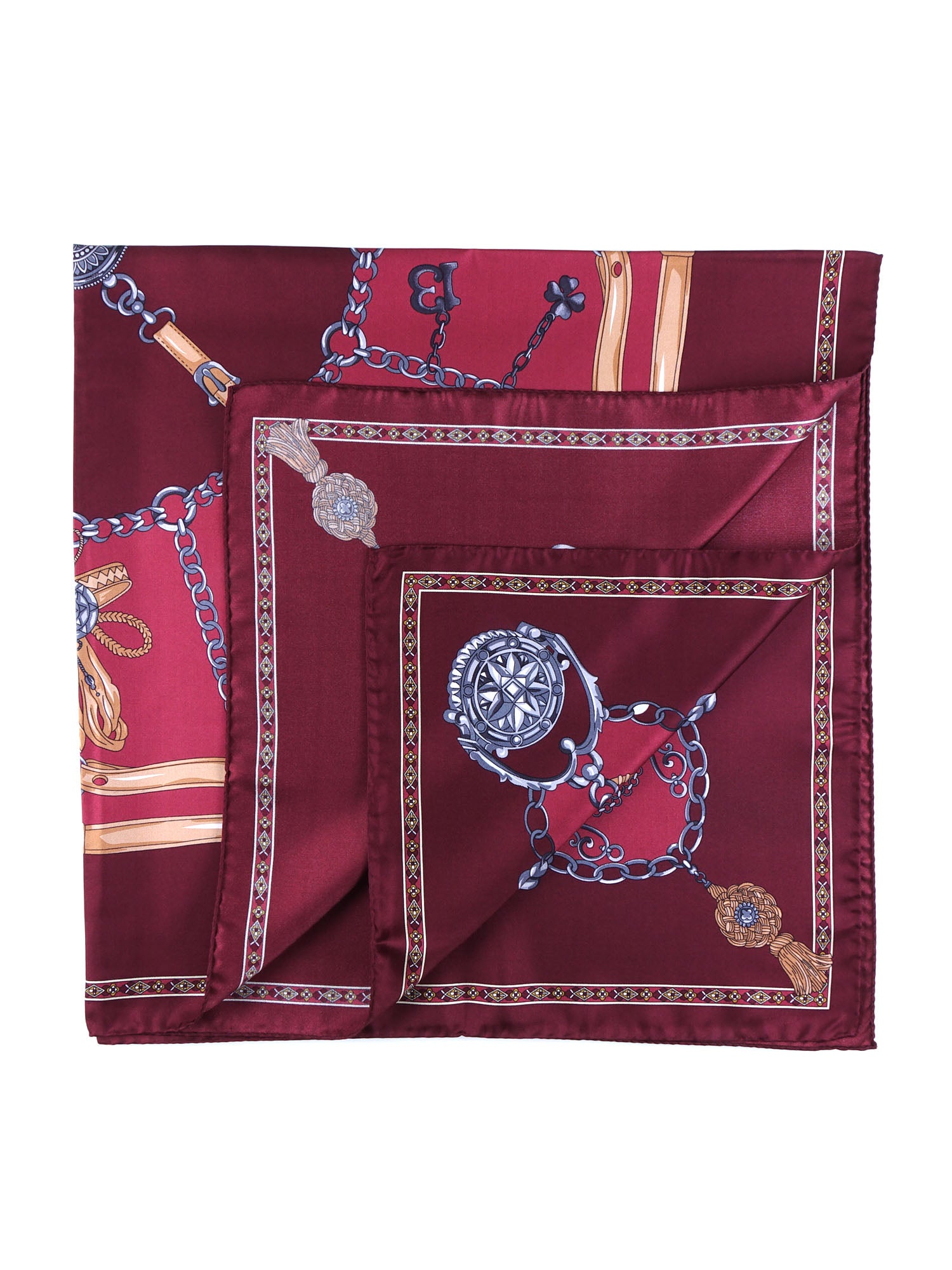 Burgundy scarf 90x90cm in GOOD LUCK printed silk